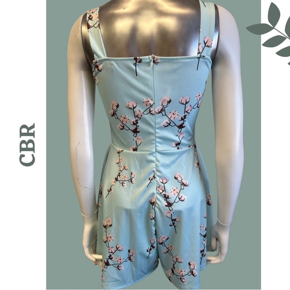 🛍️3/$40 CBR Romper Blue Pink Cherry Blossom Shorts Cut Out Tie Front Size Medium - Picture 3 of 6